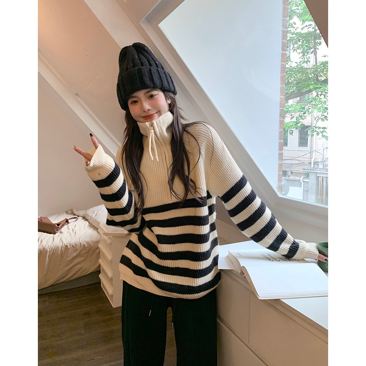 ZHELIHANGFEI Áo Sweater Tay Dài Cổ Lọ Kẻ Sọc Phối Khóa Kéo Cá Tính