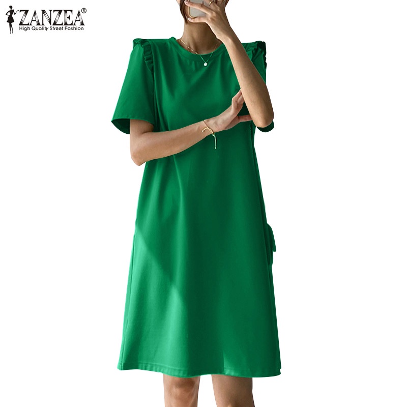 ZANZEA Đầm Tay Ngắn Cổ Tròn Thời Trang Dành Cho Nữ