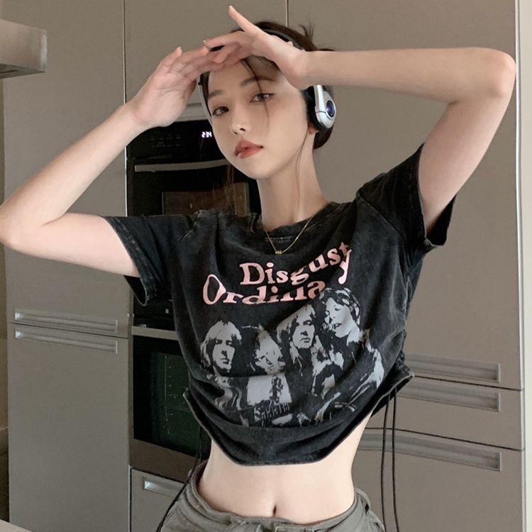 QKOOLE Áo croptop tay ngắn cổ tròn in họa tiết phong cách Hàn Quốc cho nữ