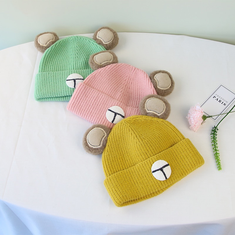 Mũ Len Beanie Đính Tai Gấu Dễ Thương Cho Bé