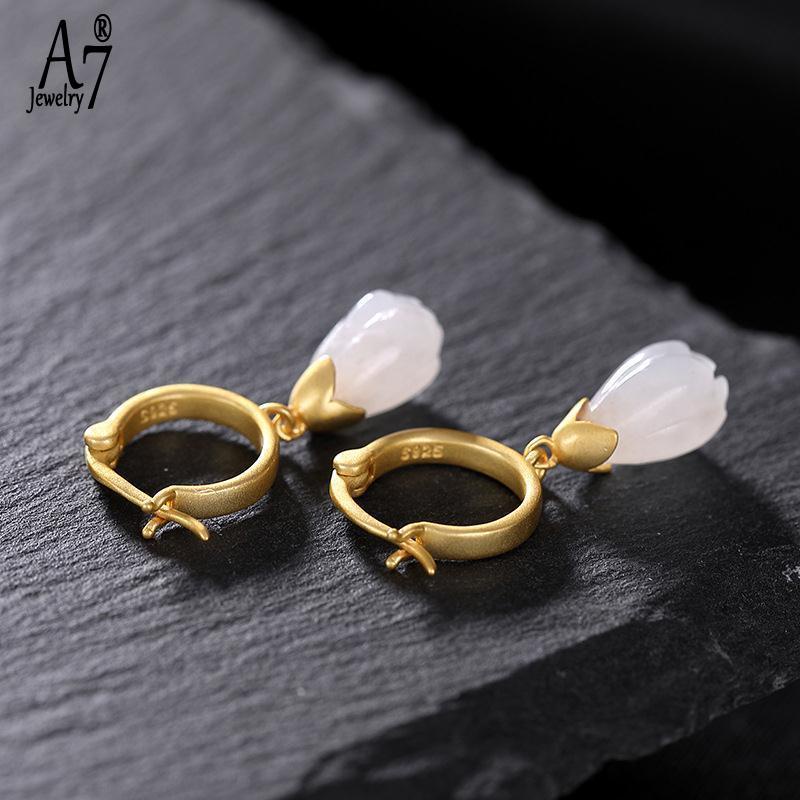 Bông Tai Bạc 925 Mặt Hình Hoa Mộc Lan Đính Đá Ngọc Bích Trắng Phong Cách Retro
