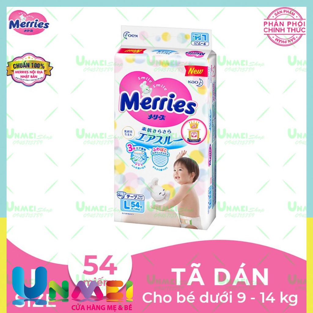 Tã/bỉm dán Merries size L - 54 miếng (Cho bé dưới 9-14 kg)