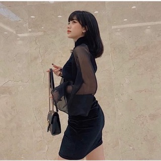 Đầm cổ tàu tay phồng