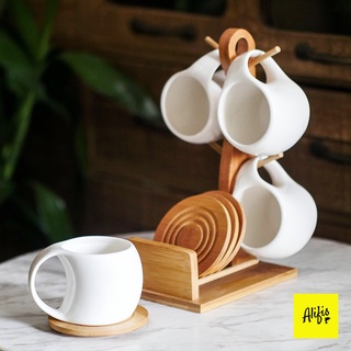 Giá treo cốc, giá treo kèm cốc sứ và lót cốc gỗ tre sang trọng