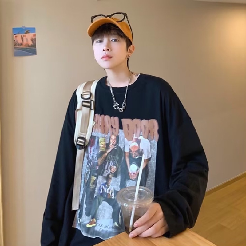 Áo Thun Tay Dài Cổ Tròn Dáng Rộng In Chữ Phong Cách Hip Hop Hàn Quốc Thời Trang Cho Nam Size M-5XL