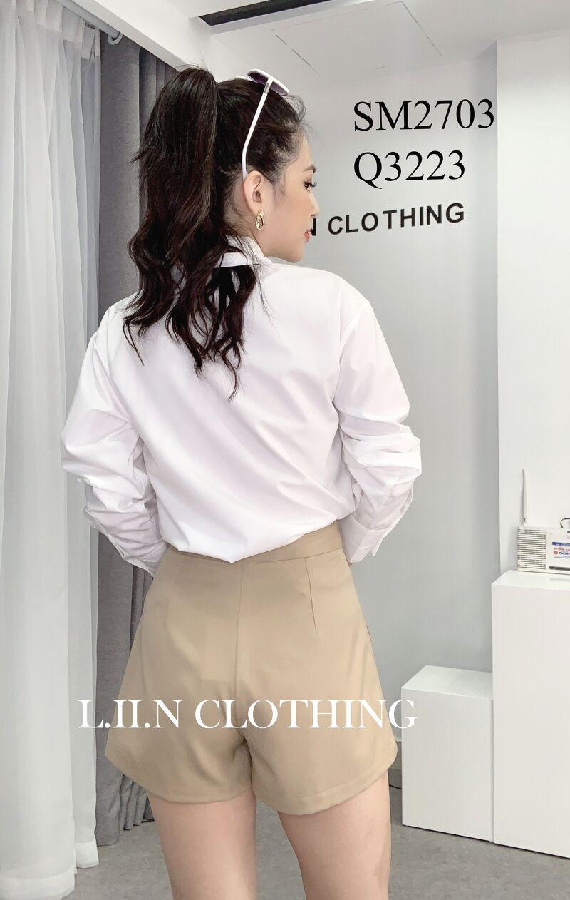 Quần short nữ cạp cao, ống rộng Linbi màu be, phối 2 túi phía trước, năng động, cá tính Liin clothing Q3223