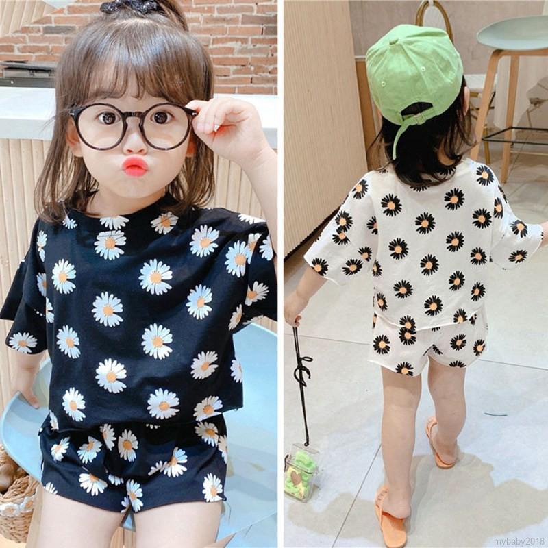 Bộ Áo Thun Cộc Tay In Hình Hoa Cúc + Quần Short Cho Bé