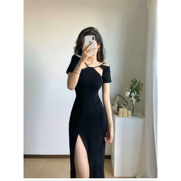 Đầm Body Đen Midi Dress Tay Ngắn Thiết Kế Khoét Vai Cổ Xuất Sắc