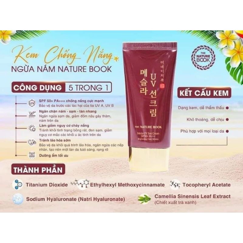 Kem chống nắng ngừa nám nature book, The Nature Book Mesla UV Sun Cream SPF50+ PA+++
