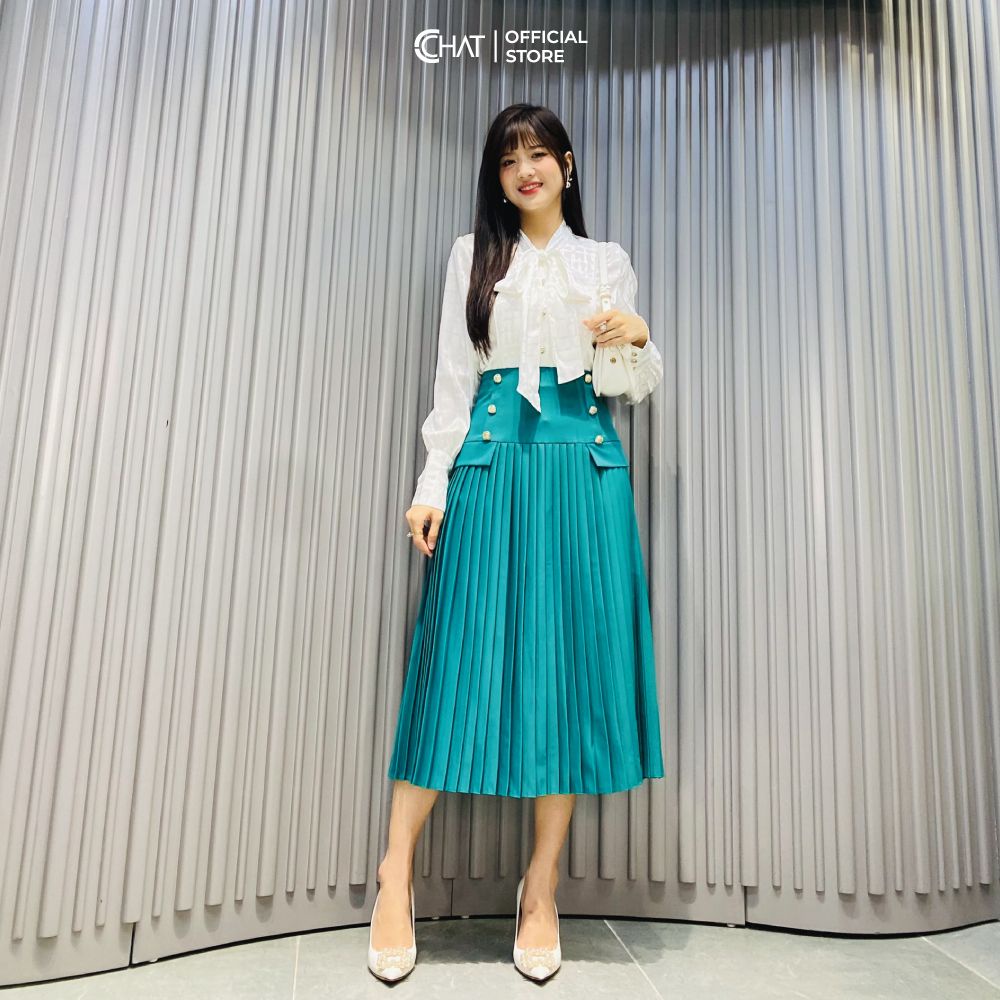 Áo Sơ Mi Nữ 𝐂𝐂𝐇𝐀𝐓 Họa Tiết Vân Cổ Nơ Buộc Chất Lụa Cao Cấp Dáng Suông Trẻ Trung 12FDL5001ST