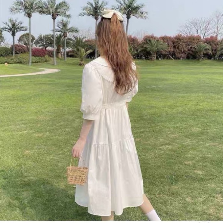 Váy Babydoll Cổ Bẻ Form Rộng Ulzzang - Đầm Babydoll Trắng Dài Qua Gối VD05 | BigBuy360 - bigbuy360.vn