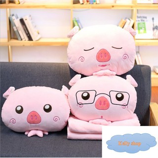 Gối mền heo cute 3 trong 1, nỉ nhung cực mịn, gấu bông kèm mền (GD55-GMH)