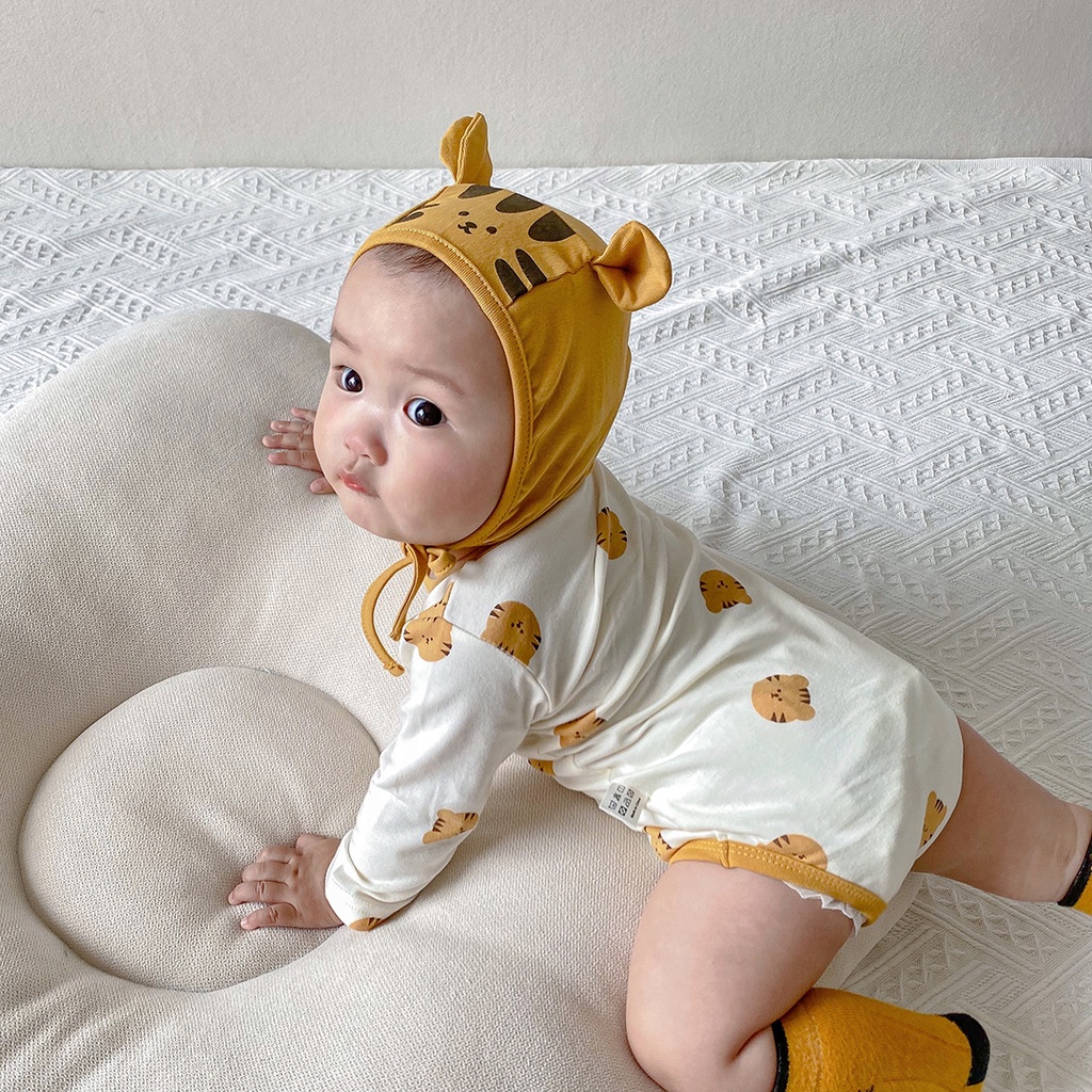 Bodysuit cho bé trai bé gái dài tay hình hổ nhỏ kèm mũ chất cotton 100% size 3-12kg TE22