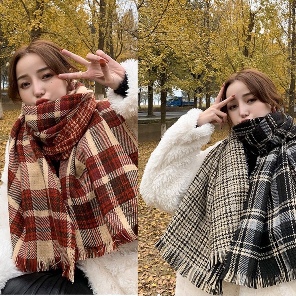 Khăn quàng cổ nữ kẻ dạ, khăn choàng 2 mặt phong cách vintage - Nalita shop