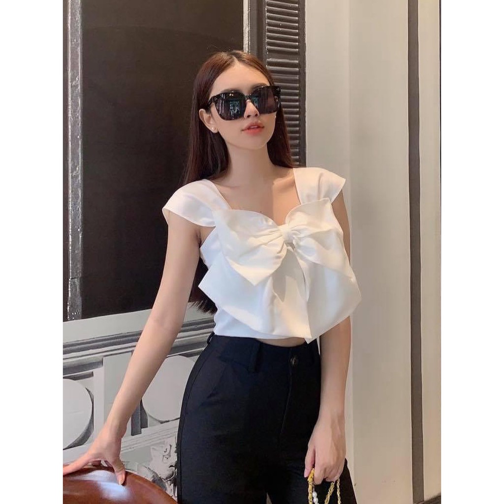 Áo croptop cổ vuông cột nơ ngực