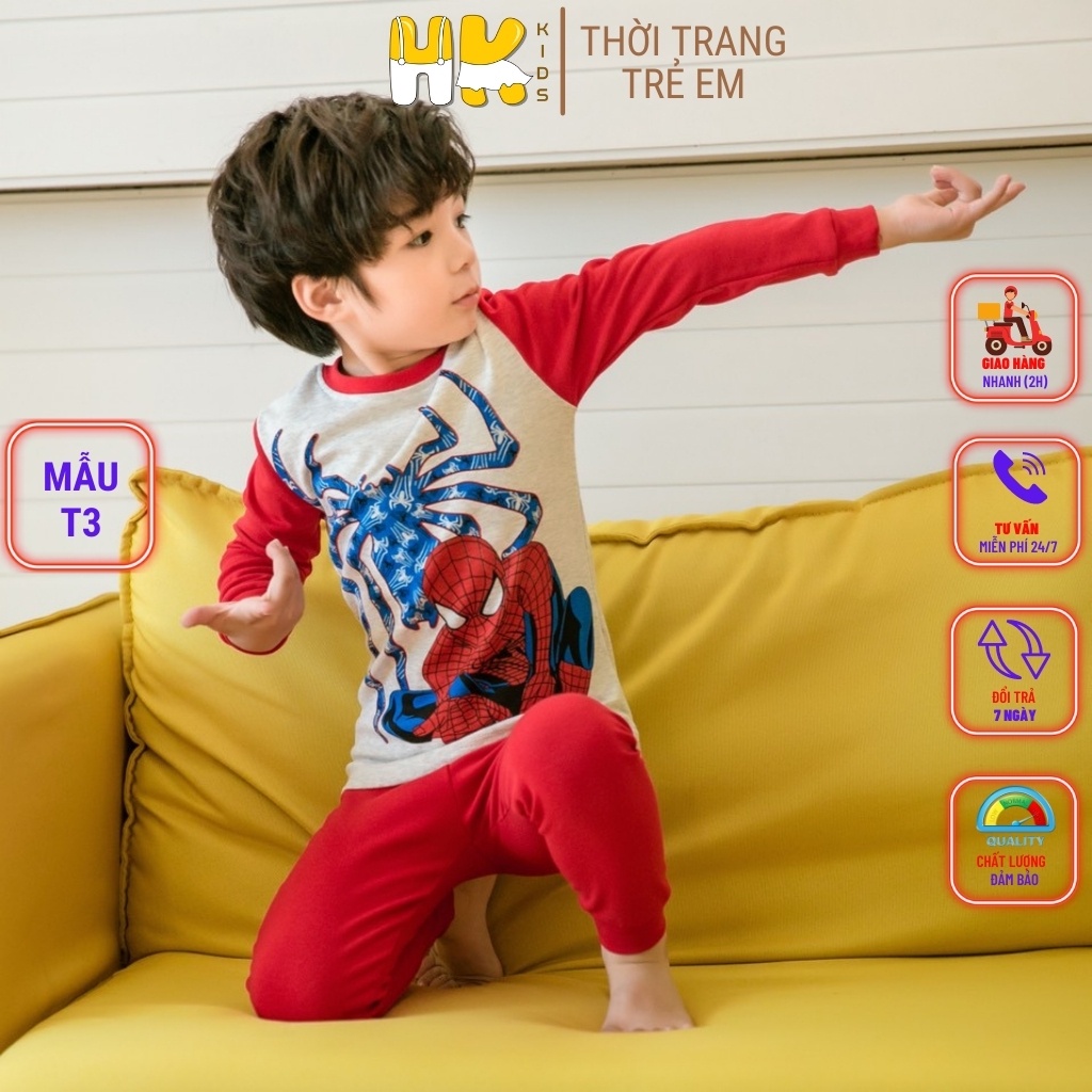 Bộ dài tay cho bé trai HK KIDS, chất COTTON dày dặn co giãn, giữ ấm giữ nhiệt tốt cho bé từ 2 đến 10 tuổi