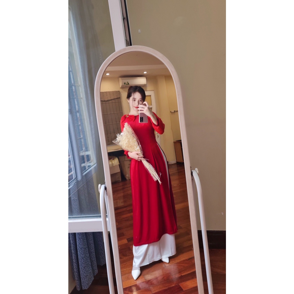 Áo dài nhung cổ nơ cao cấp cực xinh ANLAC