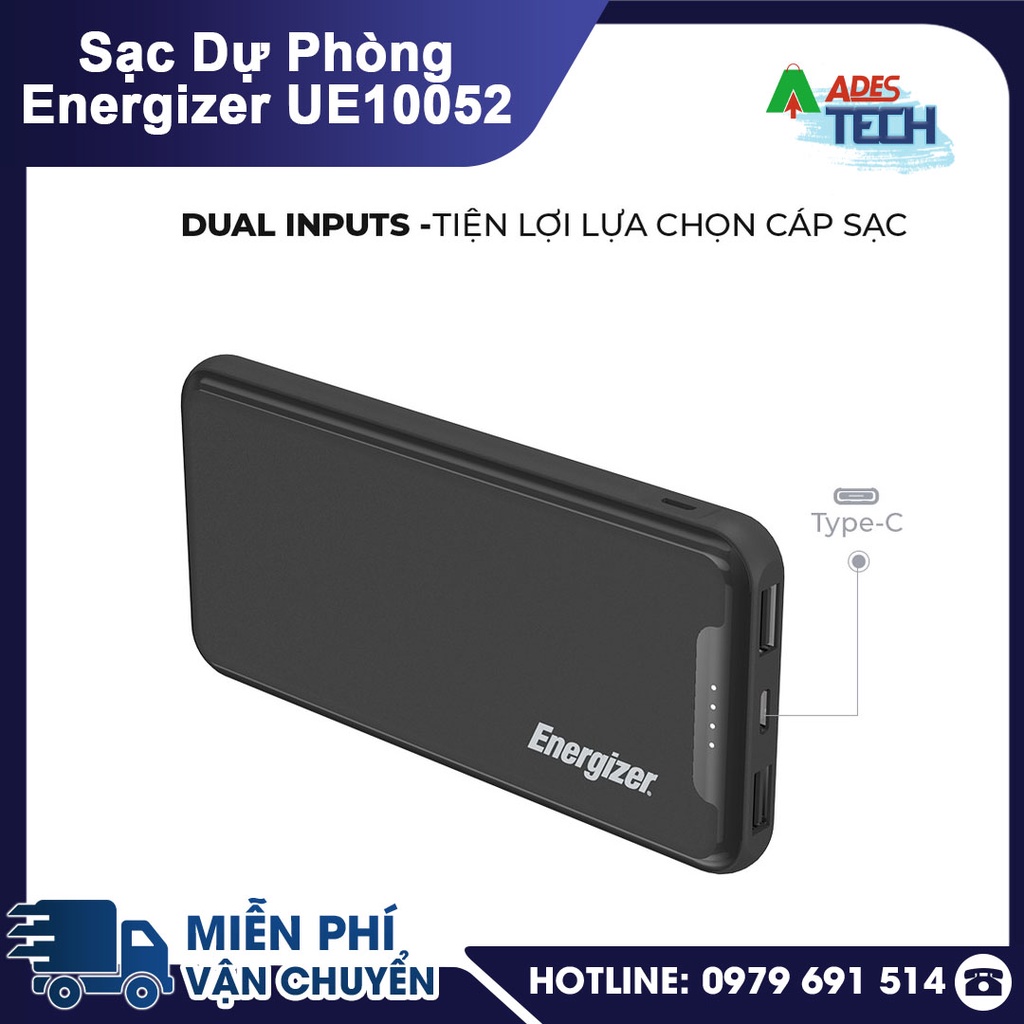 Sạc dự phòng Energizer UE10052BK 10,000mAh - Thiết Kế Sang Trọng Gọn Nhẹ - Tích Hợp 2 Cổng Outputs