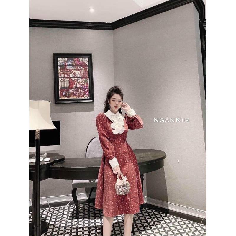 Đầm váy nhung cổ bèo phối siêu sang chảnh