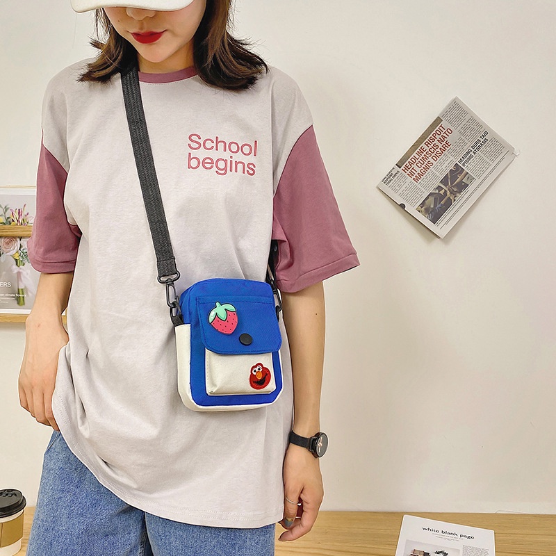 Túi đeo chéo/ Túi đeo một bên vai cỡ nhỏ vải canvas họa tiết hoạt hình Sesame Street ngọt ngào tươi mới cho nữ