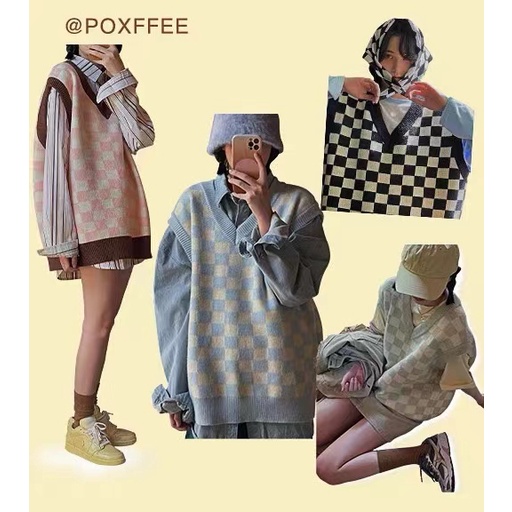 Áo Len Không Tay Dáng Rộng Họa Tiết Sọc Caro Cho Nữ