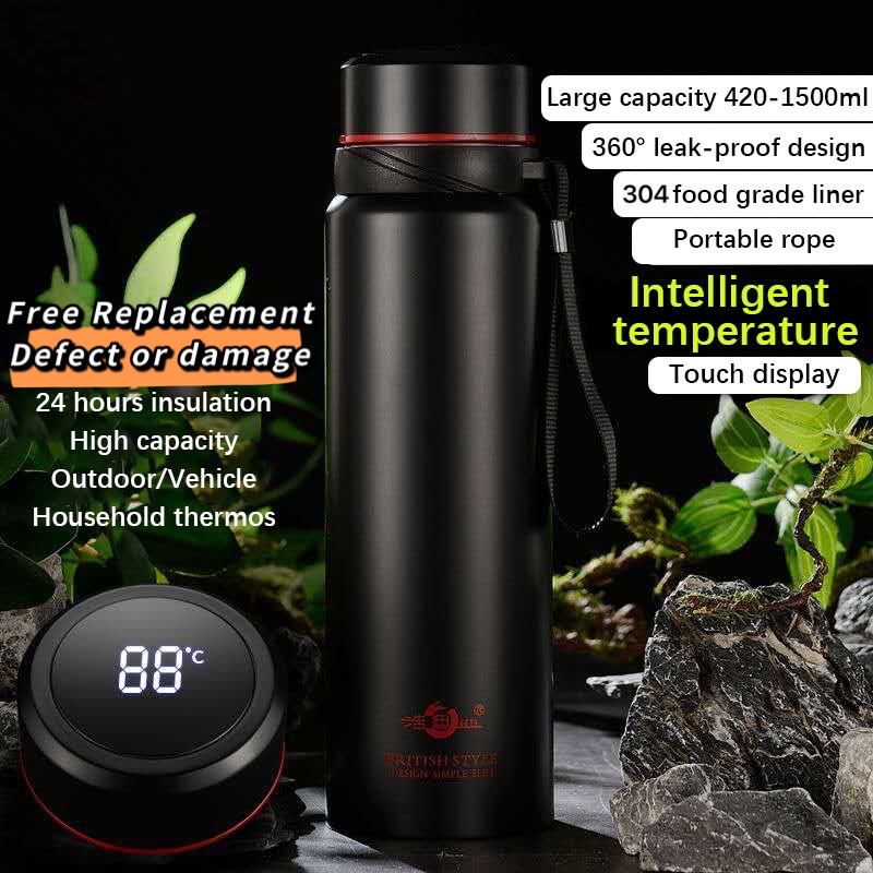 Bình nước DILLER T008 giữ nhiệt từ thép không gỉ dung tích lớn có màn hình hiển thị nhiệt độ 420 đền 1800ml tùy chọn