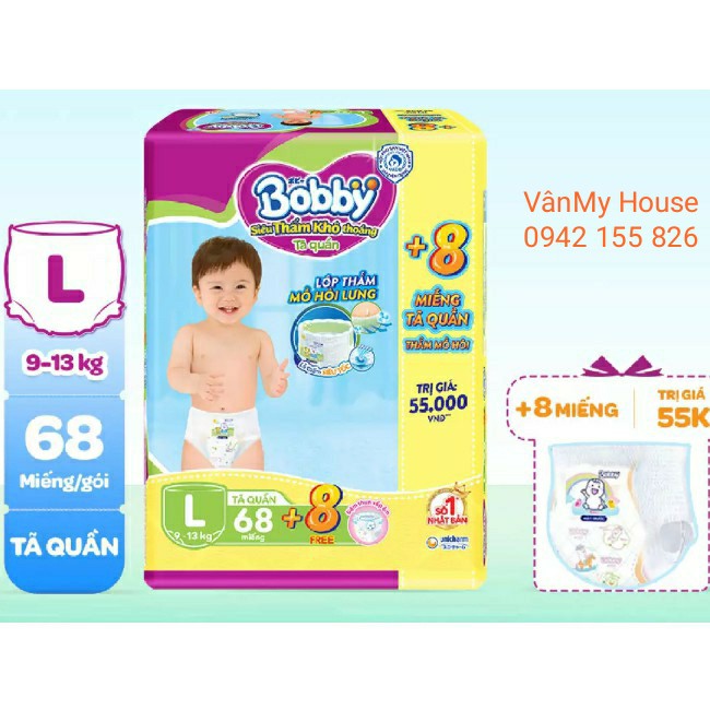 [Tặng kèm 8M] Bỉm/ Tã quần Bobby Jumbo M76+8/ L68+8/ XL62+8 đệm lưng thấm mồ hôi