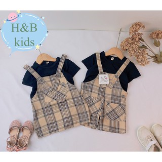 Set Yếm Kẻ Anh Em Phối Áo Thun Đen Cho Bé Trai/Bé Gái Unchi Store V302