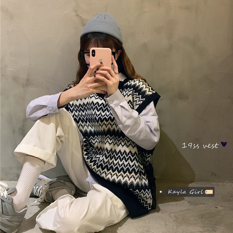 Áo gile len nữ cổ chữ V họa tiết thổ cẩm phong cách retro Hàn Quốc MSP440 | BigBuy360 - bigbuy360.vn