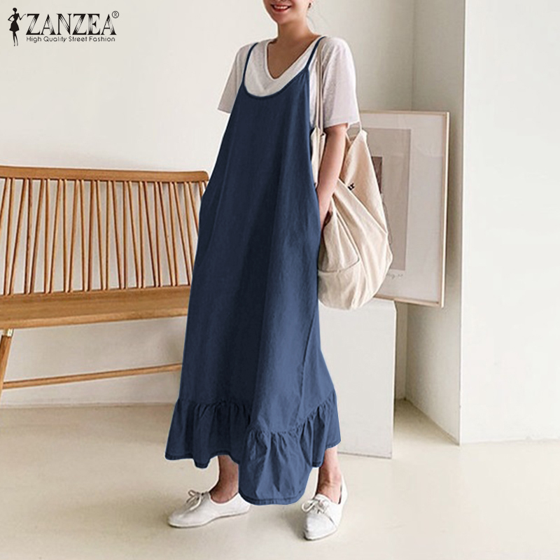 Váy maxi ZANZEA denim màu xanh lam thiết kế không tay có túi hai bên viền váy xếp ly cho nữ