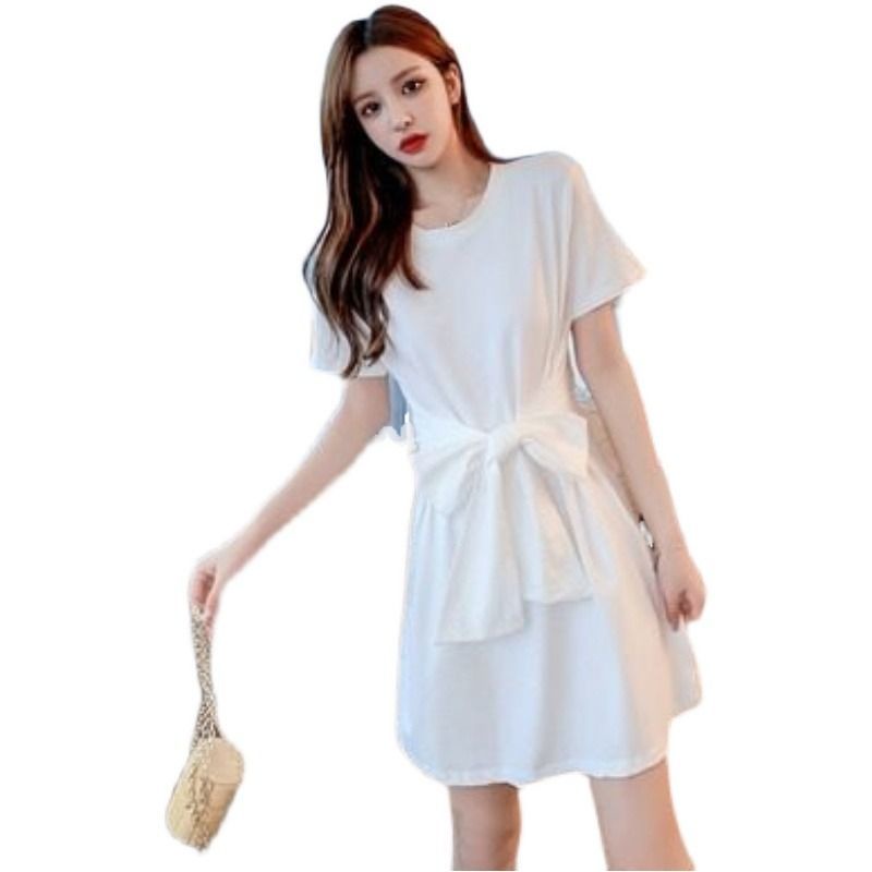 Đầm Thun Tay Ngắn Dáng Chữ a Cột Dây Eo Kiểu Dáng Đơn Giản Thời Trang Cho Nữ