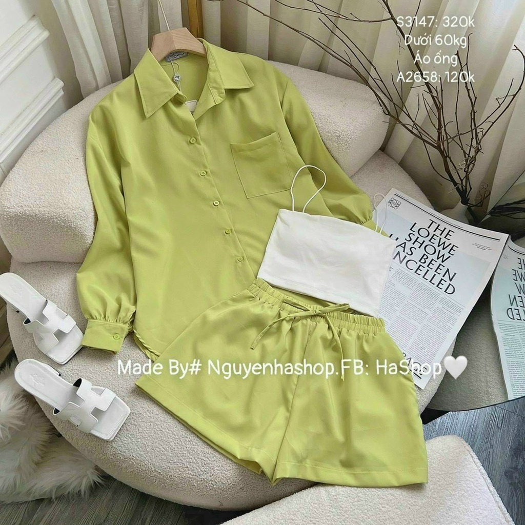 [10.10 Sale Freeship] Set bộ sơ mi đũi 3 món, set đùi sơ mi tay dài kèm áo trong đi chơi đi biển xinh xắn