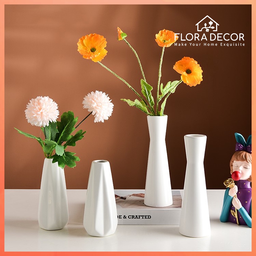 Lọ hoa mini gốm trắng 15cm Flora Decor trang trí cắm hoa chất liệu cao cấp