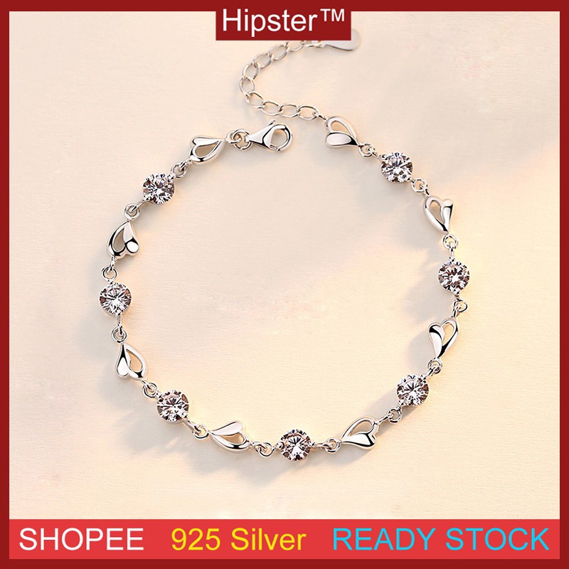 Crystal Blue Silver S925 Ladies Bracelet Simple Heart-shaped Heart-to-Heart Handheld