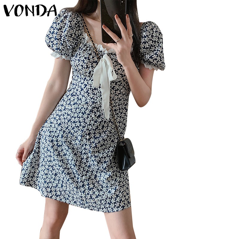 Đầm VONDA Tay Ngắn Cổ Vuông Phối Ren In Họa Tiết Hoa Xinh Xắn Thời Trang