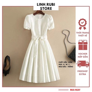 Đầm thiết kế dự tiệc LINH RUBI dáng ly xòe thắt nơ eo dài chất gấm dày dặn cao cấp V890