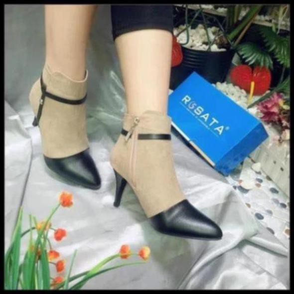 [Sale 3/3]Giày boot nữ cổ thấp 7cm da lộn hai màu đen xám hàng hiệu rosata ro180