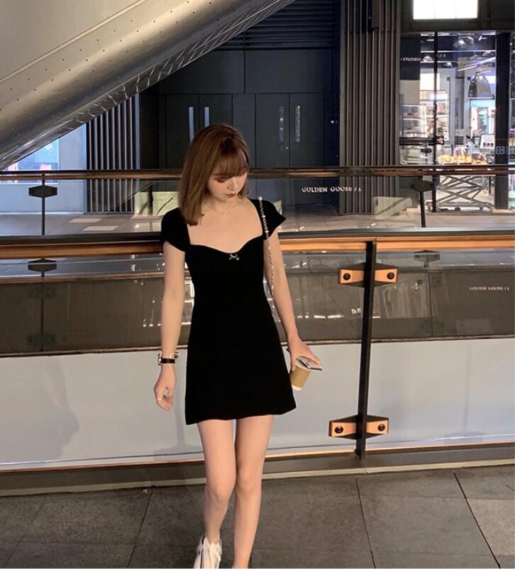 SUXI Đầm cổ vuông màu trơn phong cách retro pháp thanh lịch dành cho nữ