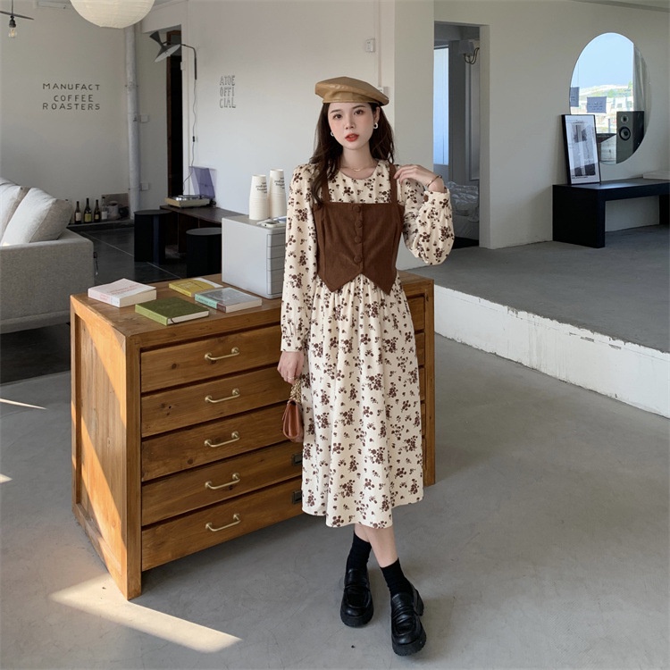 IELGY   Đầm Dài Cổ Tròn In Họa Tiết Hoa Phong Cách Hàn Quốc Cho Nữ