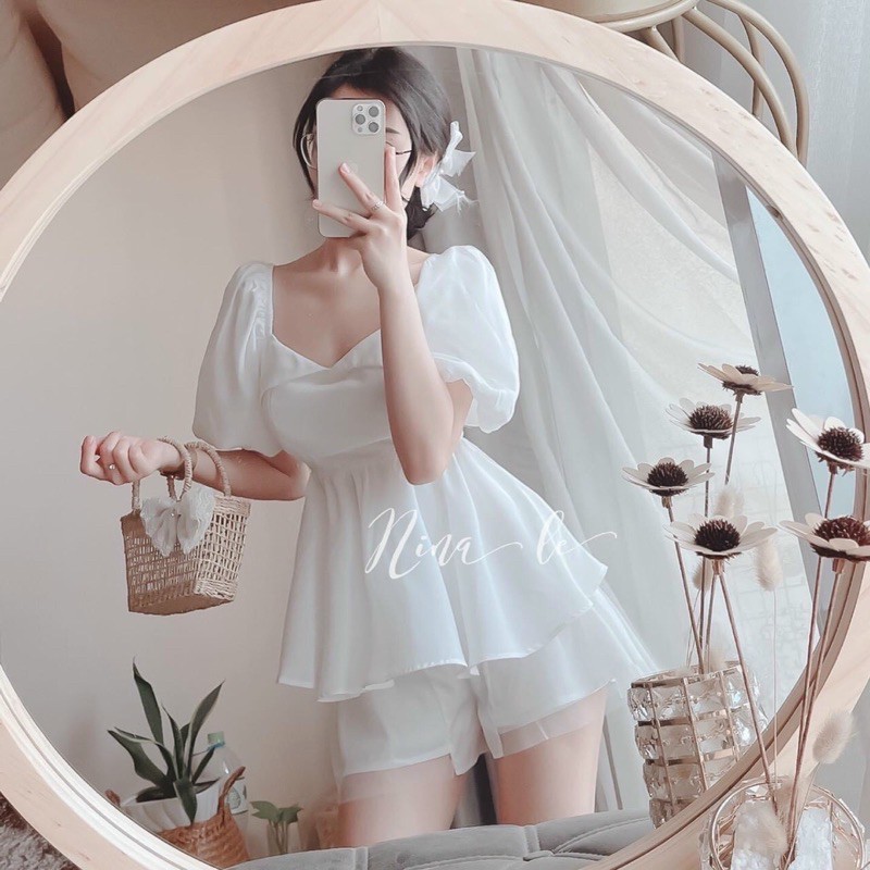 SET áo peplum cổ V gấp tay phồng + quần phối lưới - 22.Lystore