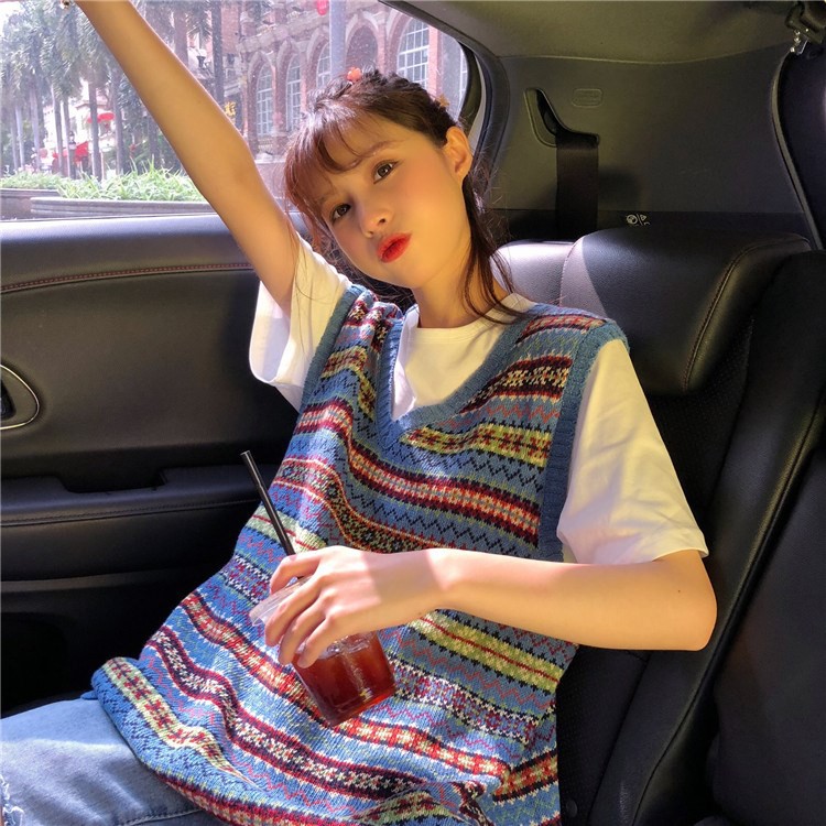 Set áo thun trắng tay lỡ + áo len gile xanh rằn ri ulzzang ( có bán riêng )