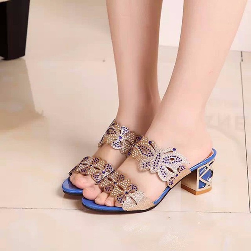 Rhinestone Crystal Butterflyknot cườm Peep Toe Hollow Out Trượt trên Dép