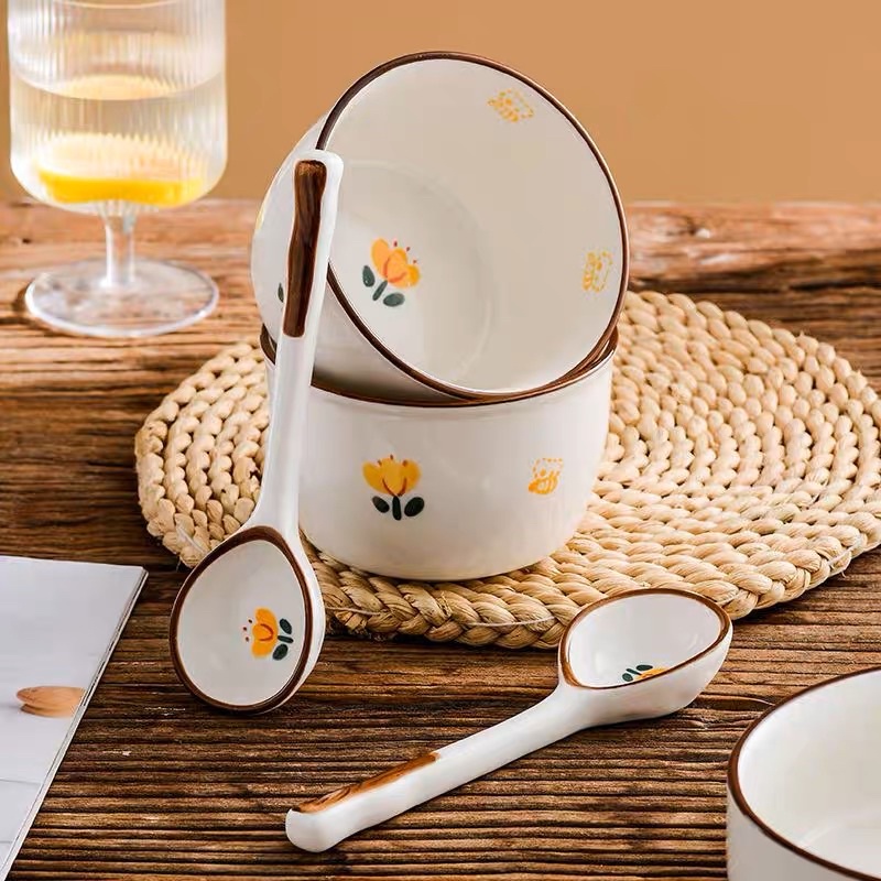 Chén sứ chén ăn cơm phong cách Hàn Quốc Bộ chén muỗng sứ hình uao Tulips