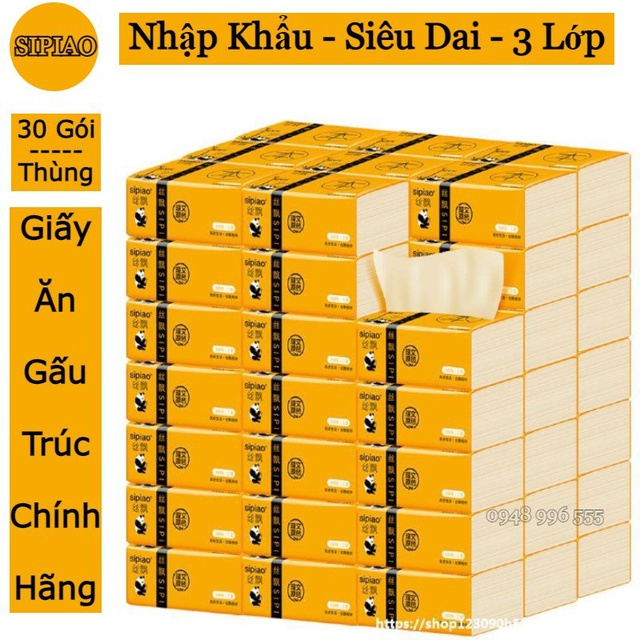 (Siêu Dai) Thùng 30 gói Khăn giấy ăn gấu trúc Sipiao 3 lớp chống ẩm lau miệng hàng chuẩn nặng 2,2kg