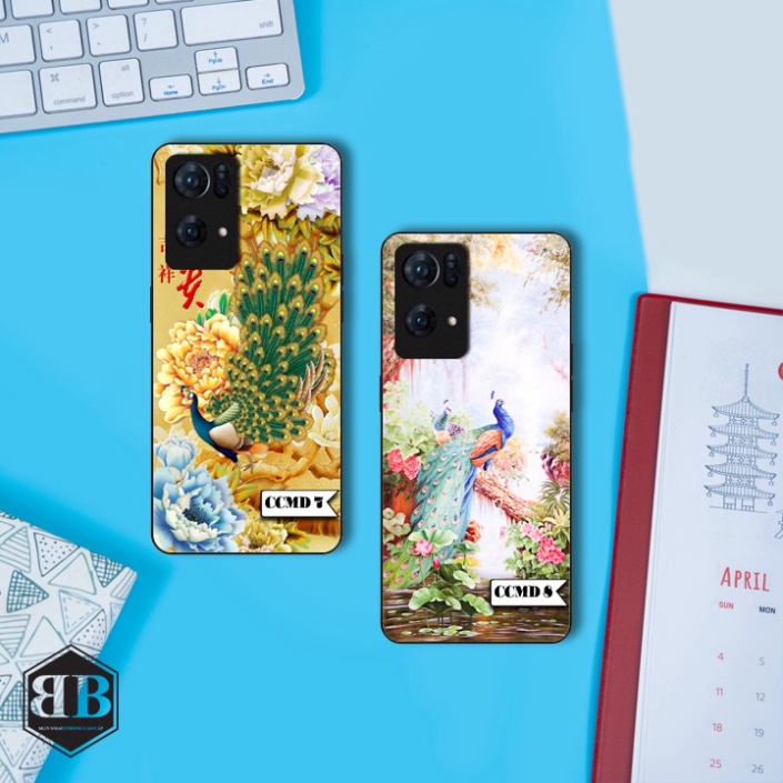 ỐP lưng kính cường lực Oppo Reno 7 Pro 5G chim công mẫu đơn
