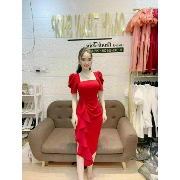 TTO-Ảnh thật Đầm Cổ Vuông Tay Phồng Lai Bèo Xếp Ly Eo Tôn Dáng dự tiệc đám cưới màu đỏ, hồng