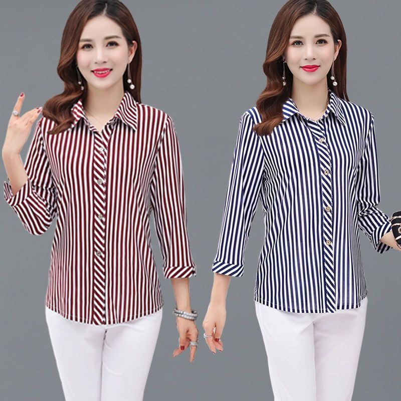 Áo Sơ Mi Lụa Lạnh Họa Tiết Kẻ Sọc Thời Trang Mùa Hè Mới Cho Phụ Nữ Trung Niên 40-50 Tuổi