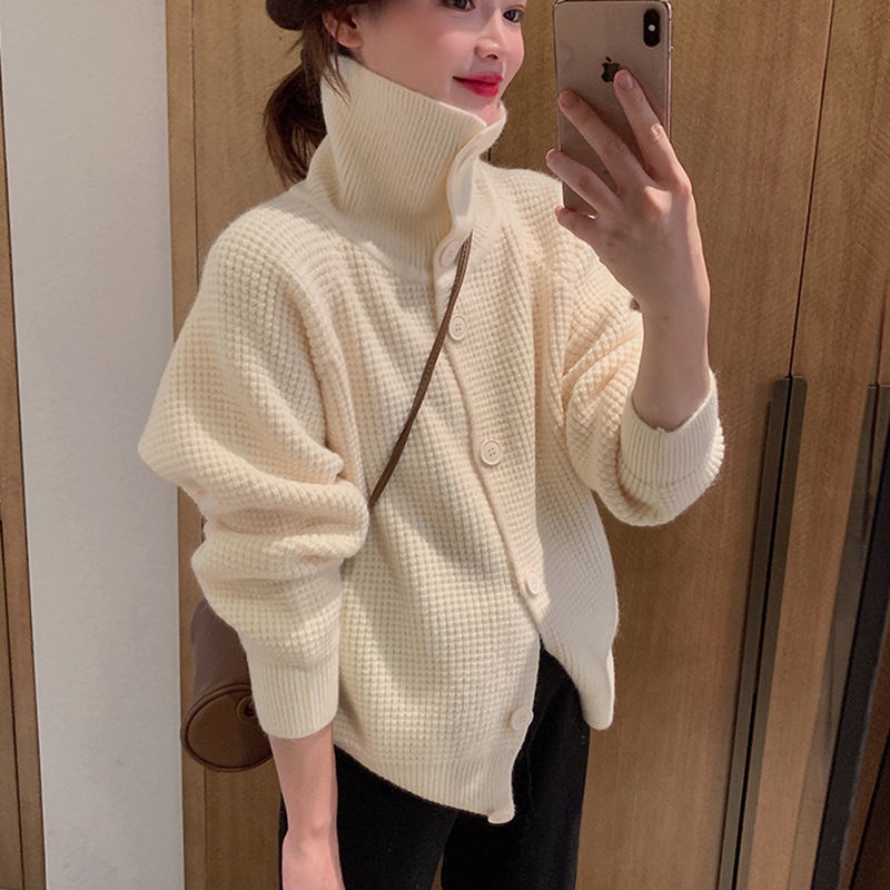 Áo Khoác Cardigan Dệt Kim Cổ Cao Dáng Rộng Mềm Mại Thân Thiện Với Da Thời Trang Cho Nữ