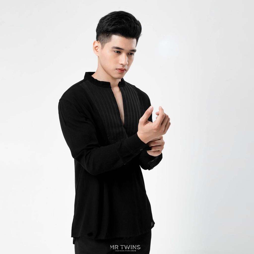 Áo Sơ Mi Nam Màu Đen Phối Dập Ly Thương Hiệu MrTwins®