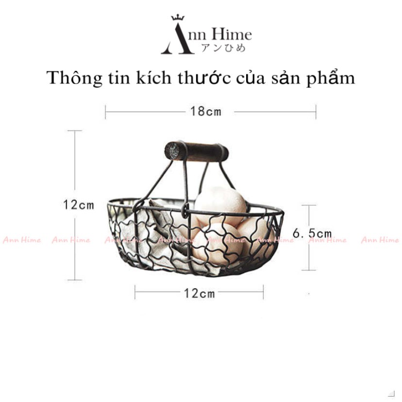Giỏ Đựng Trái Cây Hoa Quả Bằng Sắt Tay Cầm Gỗ Vintage Hình Oval Màu Đen - Trắng